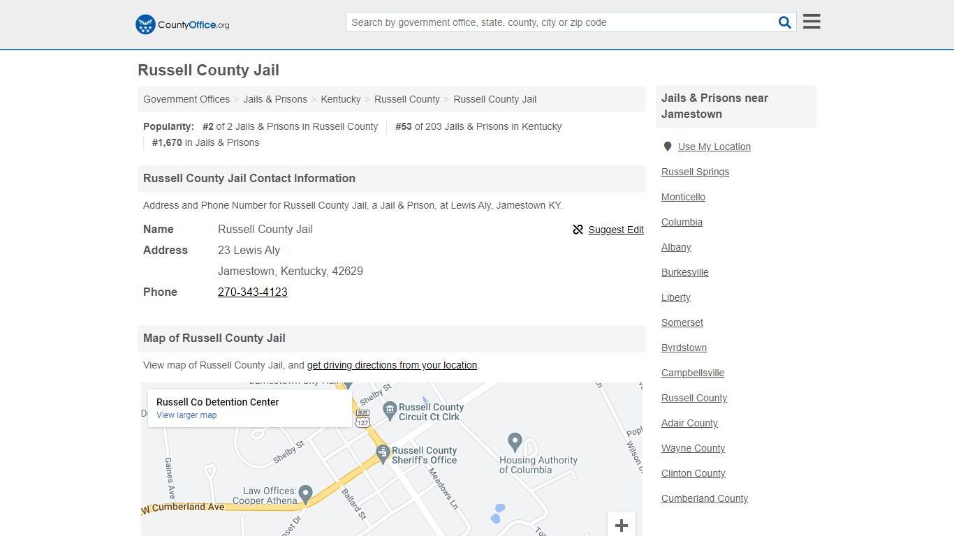 Russell County Jail - Jamestown, KY (Address and Phone)